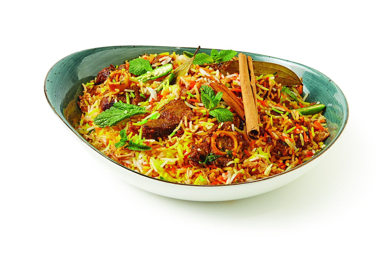 Goat biryani with mint, crispy onions and whole spices