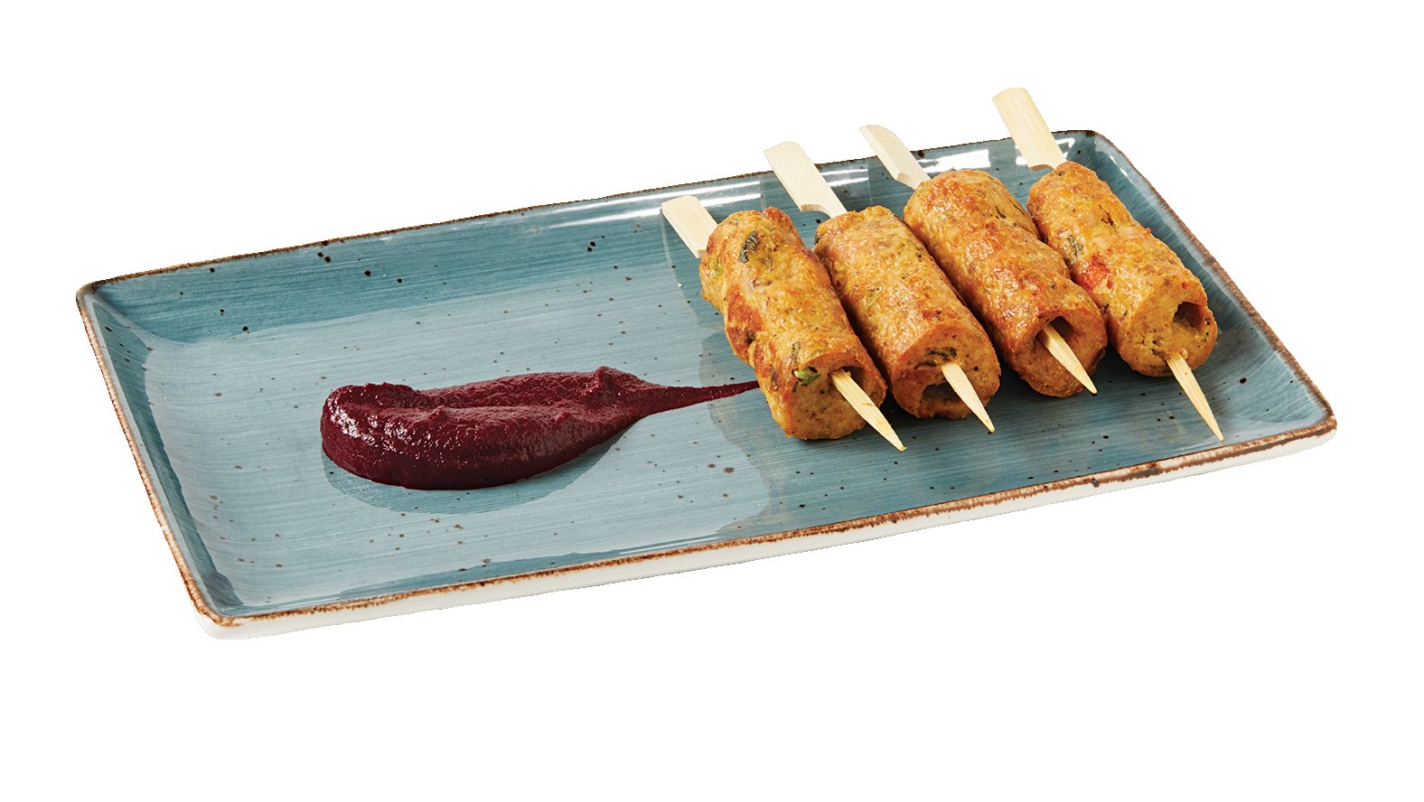 Chicken seekh kabab skewers with beet chutney
